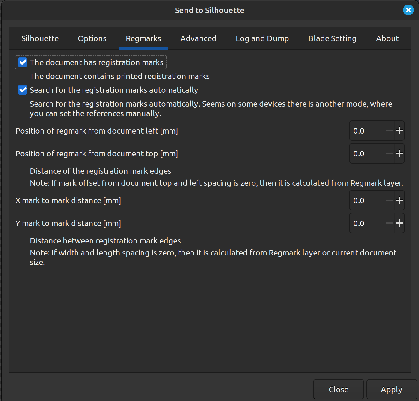 screenshot of registration mark settings page
